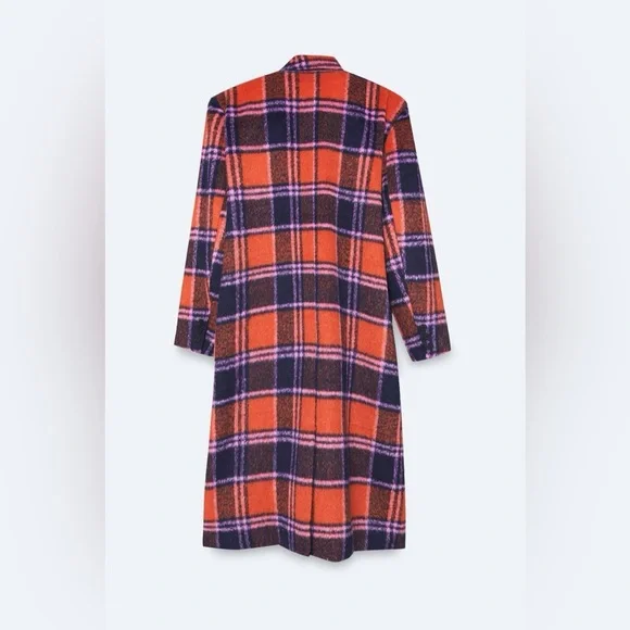 Nasty Gal Premium Plaid Double-Breasted Wool Look Coat Orange & Purple Size 16 - Picture 7 of 17